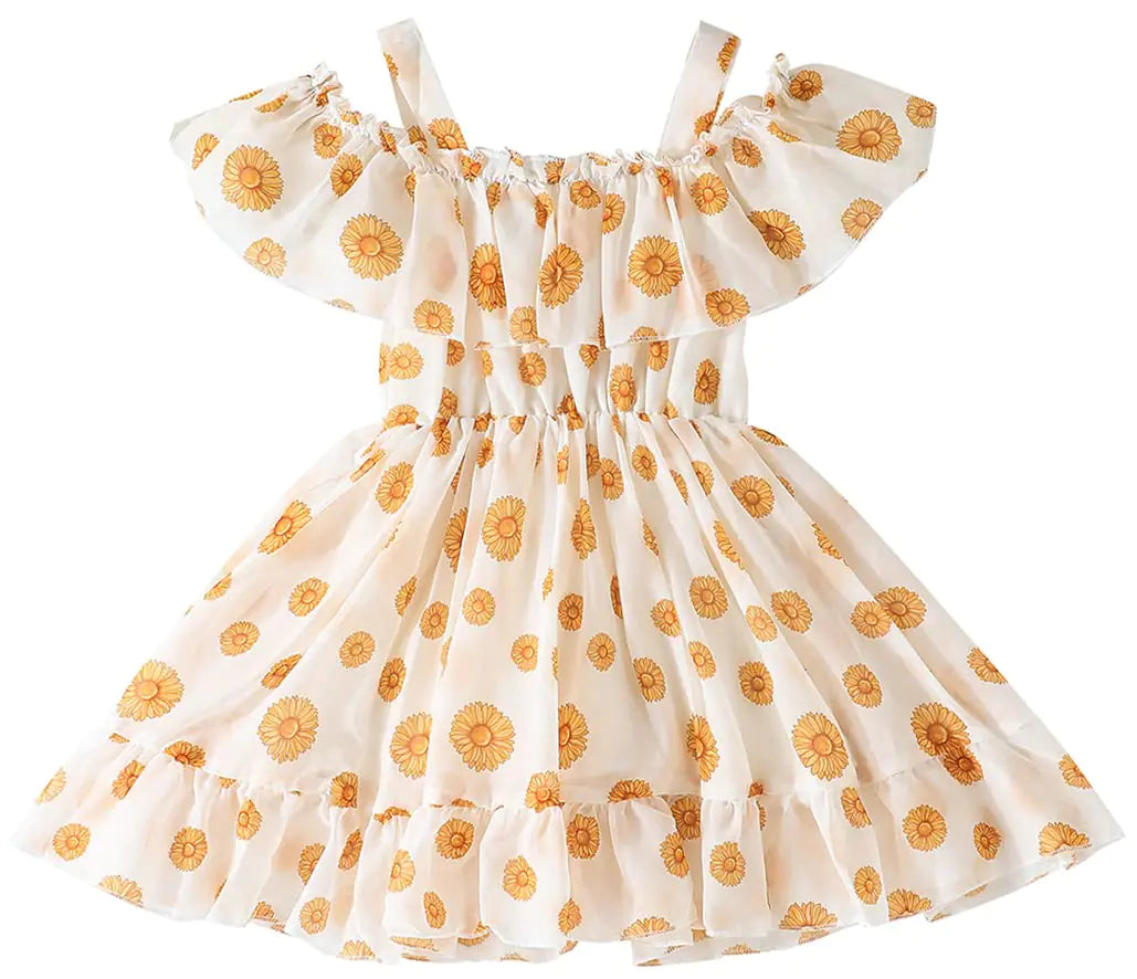 AGQT Little Girls Summer Floral Chiffon Dress Casual Beachwear Sundress Off Shoulder Short Sleeve Princess Ruffle Suspender Tunic Dress Daisy on White Size 6-7T
